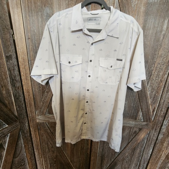 Eddie‎ Bauer Shirt Men's Size TXL Light Gray Tent Print Lightweight Slim Fit - Picture 1 of 11